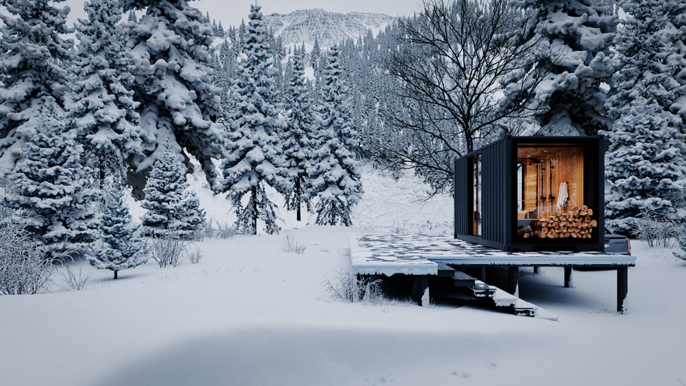 Sauna en contenedor KUBO con entorno nevado