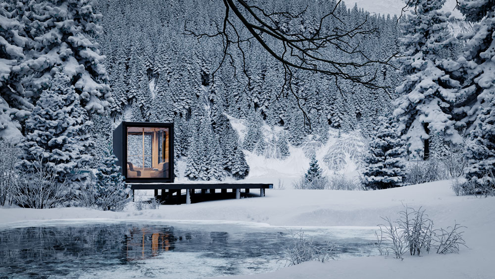 Sauna en contenedor KUBO relax con entorno nevado